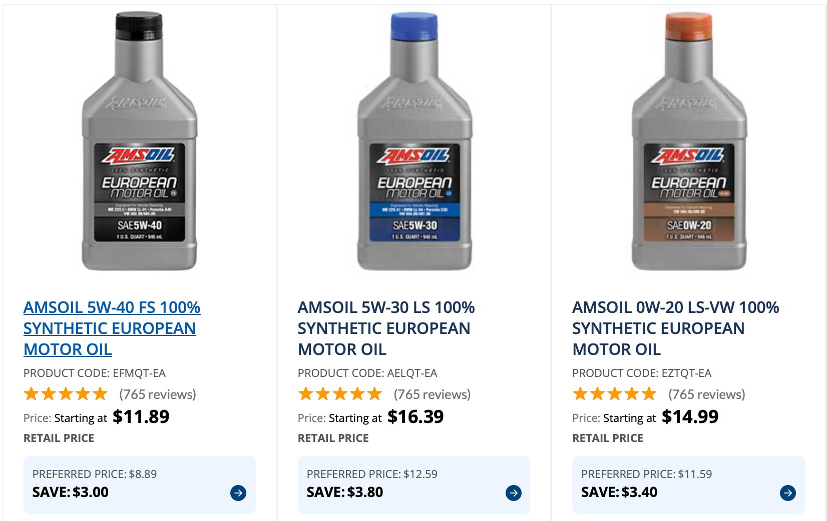 AMSOIL 100 Percent Synthetic European Auto Motor Oils – Three Product Examples